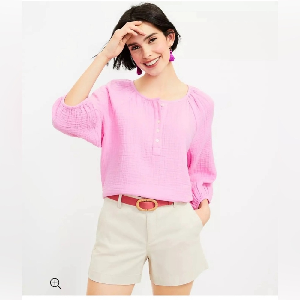 LOFT Pink Cotton Gauze Henley Popover Blouse Crinkle Texture XS
